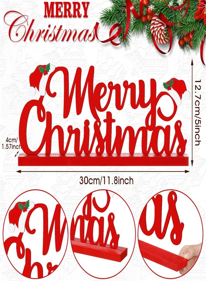 Realspring Merry Christmas Metal Sign Red Christmas Table Decoration Xmas Tiered Tray Decor Freestanding Metal Word Sign with Wooden Base for Xmas Home Tabletop Centerpiece Mantel Fireplace - Image 2